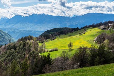 Arka planda Schlern ve Rosengarten dağlarıyla Dolomitler var.