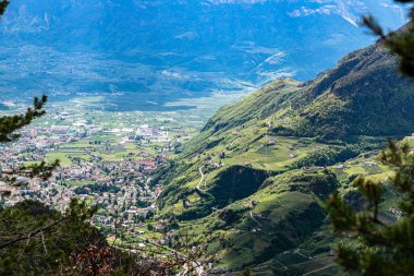 Bolzano şehrinin manzarası sonsuz yeşil bir ormanın içinden geçiyor. Dağlarla çevrili