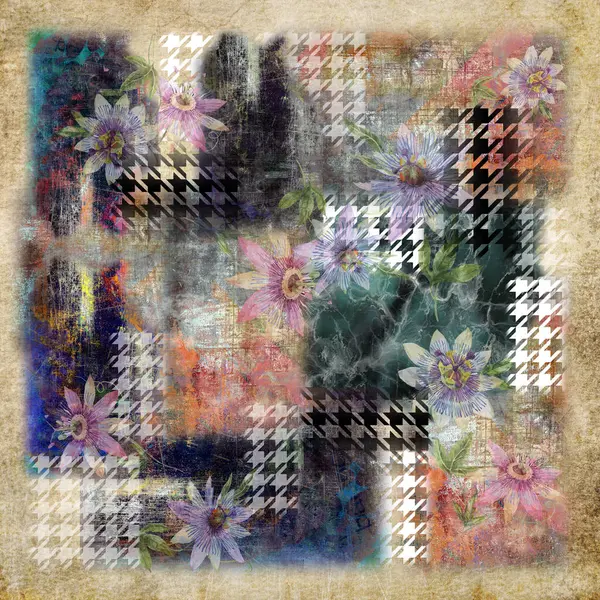 Renkli soyut suluboya çiçekli ipek eşarp tasarımı