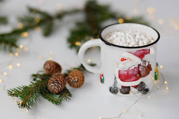 Winter Table Composition Metal White Cup Santa Claus Cocoa Marshmallows — Stock Photo, Image