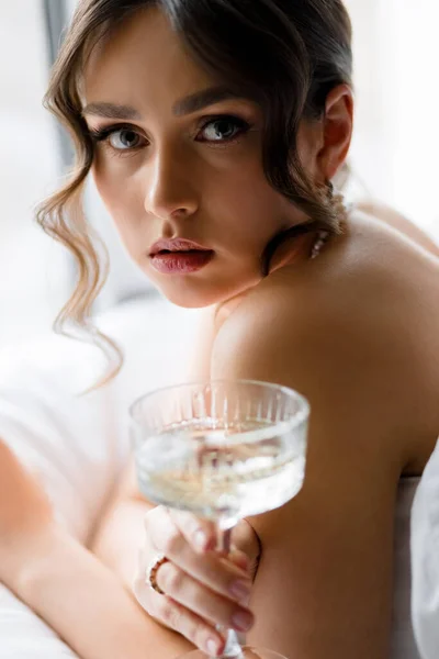 Beautiful Brunette Bride Underwear Lies Morning Room Bedroom Bed Glass — Stock Photo, Image