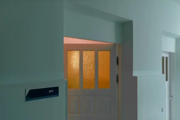 Сучасний Інтер Демонструє Закриті Білі Двері Напівпрозорими Вікнами Відкидає Тепле Стокове Фото