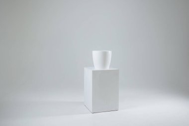 Çarpıcı beyaz bir vazo zarif bir şekilde minimalist bir kaideye yerleştirilmiştir. Yumuşak, dağınık ışıklandırma ve nötr zemin bir sükunet ve zarafet atmosferi yaratır..