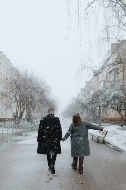 İki kişi, beyazlarla kaplı ağaçlar ve binalarla çevrili, karla kaplı bir şehir caddesinde el ele yürüyor. Sakin atmosfer, kışın ortasında bir sıcaklık anı yakalar..