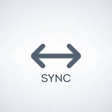 Altında 'SYNC' sözcüğü bulunan yatay çift ok sembolü içeren minimalist bir tasarım, hafif desenli arkaplana karşı ayarlanmış.