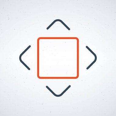 Dışarıyı gösteren dört eğri okla çevrili, turuncu çizgili merkezi boş bir kare içeren soyut bir tasarım, açık dokulu bir arka plana karşı ayarlanmış..