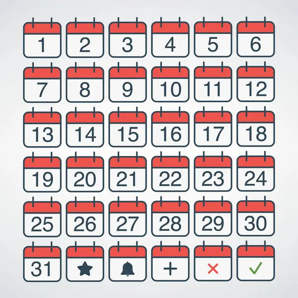 Planlama ve zamanlama anımsatıcıları için tarih ve sembolleri gösteren organize bir takvim simgesi dizisi.