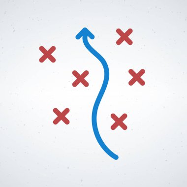 Yaratıcı illüstrasyon, stratejik bir yolu kırmızı zorlukların arasından geçen, engelleri aşmayı ve hedeflere ulaşmayı sembolize eden, strateji gibi kavramları resmetmek için mükemmel bir mavi ok olarak gösteriyor.