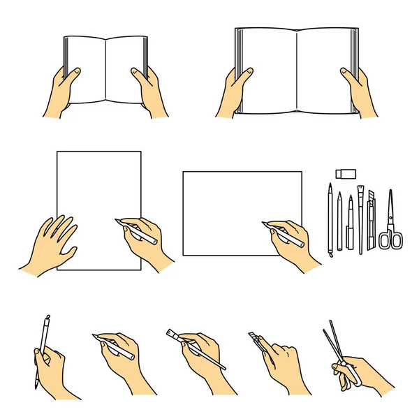 Handgestures Books Stationery Writing Tools Vector File Set — стоковый вектор