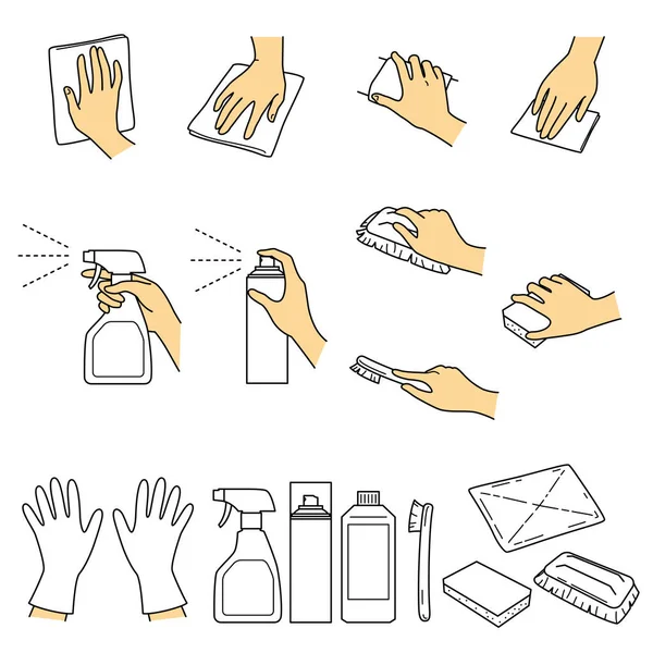 Hand Gestures Clean Cleaning Supplies Vector File Set — Stock Vector