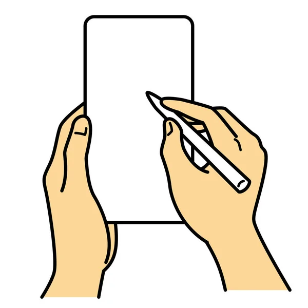 Ręce Trzymając Smartfona Rysik Długopis Obraz Ilustracji Jpeg — Zdjęcie stockowe
