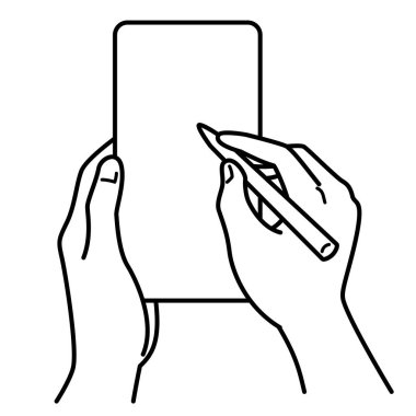 hands holding smartphone,  stylus pen, monochrome illustration