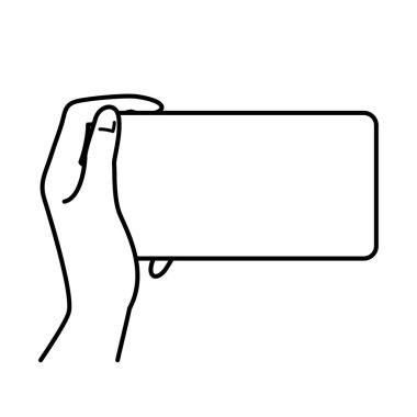 hand holding smartphone, blank screen, monochrome illustration