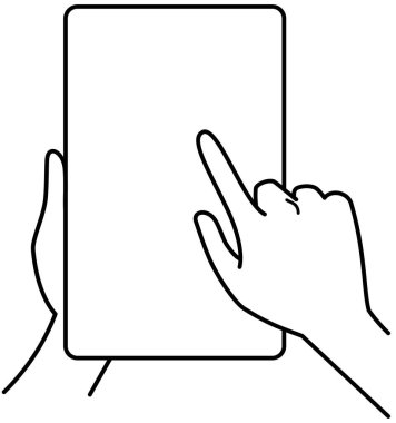 hands holding tablet, touching screen, monochrome illustration