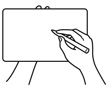 hands holding tablet, stylus pen, monochrome illustration