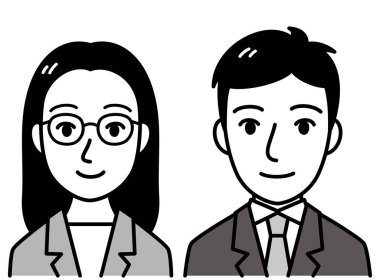 Gri takım elbiseli genç kadın ve adam, vektör çizimi, siyah ve beyaz çizimler