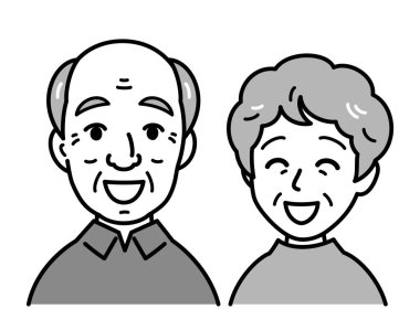 Nazik yaşlı adam ve kadın, gülümseyen, vektör çizimi, siyah ve beyaz çizim