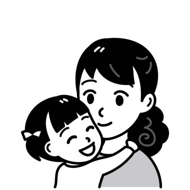 Genç kadın ve kızı, vektör çizimi, siyah-beyaz çizim