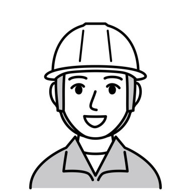 Gri üniformalı kask giyen genç adam, vektör çizimi, siyah beyaz çizim