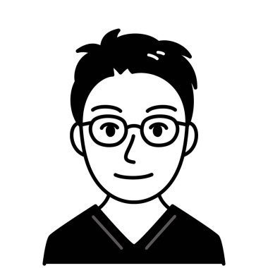 Gözlük takan genç adam, vektör çizimi, siyah beyaz çizim