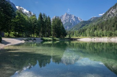 Scenery lake called Jasna in European Slovenian Julian Alps, beautiful water surface with reflections near the road to Vrsic Pass