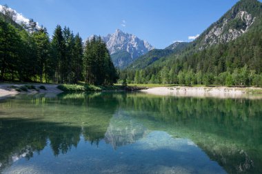 Scenery lake called Jasna in European Slovenian Julian Alps, beautiful water surface with reflections near the road to Vrsic Pass