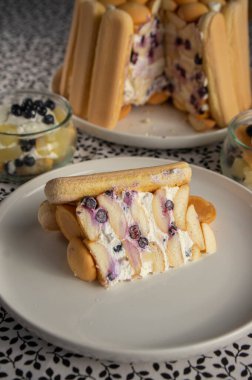 Çırpılmış ve ekşi kremalı lezzetli yaz tatlısı fırında süngerle kaplanmış, sıcak yaz mevsimi için lezzetli soğuk kek.