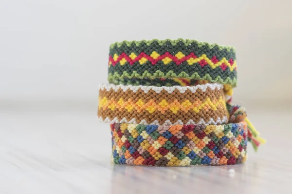 Group Handmade Homemade Colorful Natural Woven Bracelets Friendship Isolated White — Stockfoto