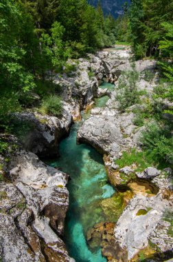 Amazing wild water in mala korita Soce valley, small pure clear turquoise flowing stream through stones gorge