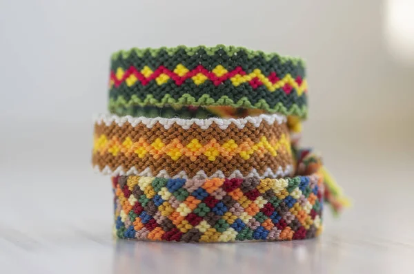 Group Handmade Homemade Colorful Natural Woven Bracelets Friendship Isolated White — Foto de Stock