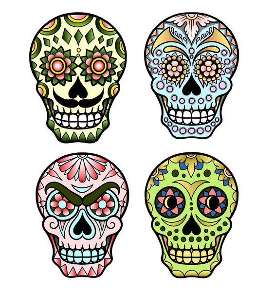 colorful pack of skull head tattoo illustration