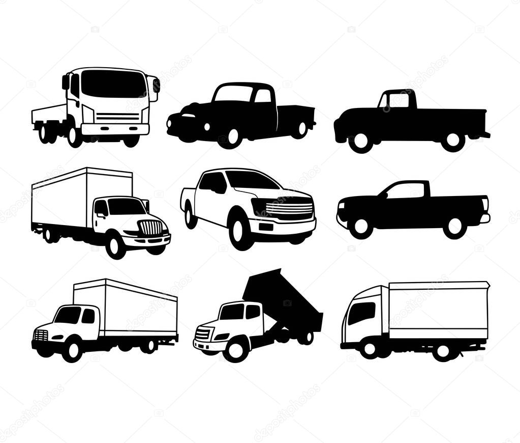 Bus and truck black drawing transportation illustration