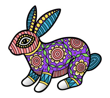 Çiçekli süs desenli tavşan hayvan deseni tam renk tasarımı