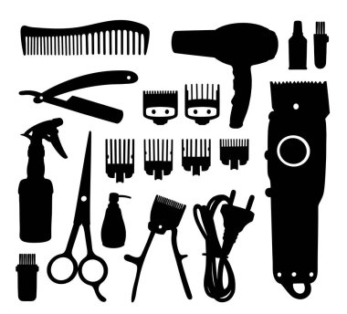 berber aletleri, makas, saç kurutma makinesi silueti.