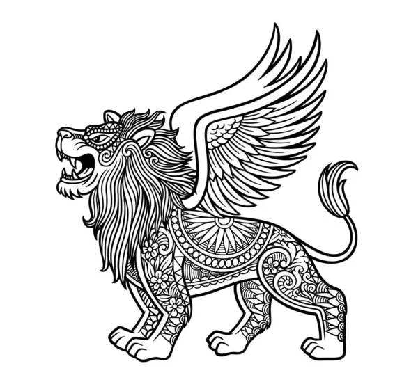 Löwe Mit Flügeln König Des Dschungels Schwarz Weiß Zeichnung Für — Stockvektor