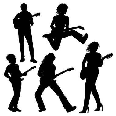 Erkek ve kadın gitarist. Gitarist hareketi siluet oluşturur