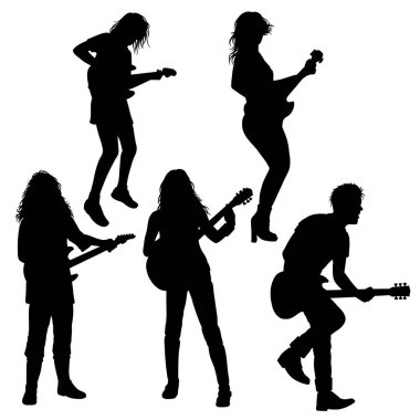 Erkek ve kadın gitarist. Gitarist hareketi siluet oluşturur