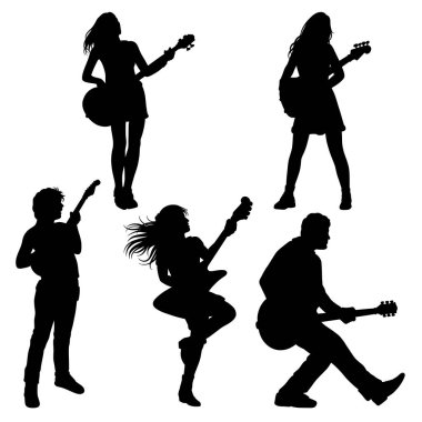 Erkek ve kadın gitarist. Gitarist hareketi siluet oluşturur