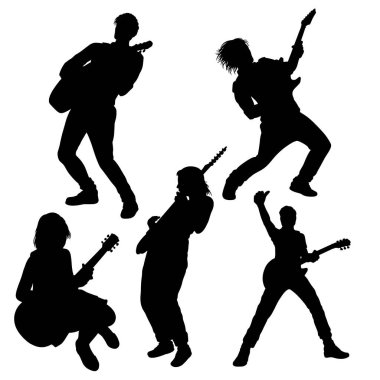 Erkek ve kadın gitarist. Gitarist hareketi siluet oluşturur