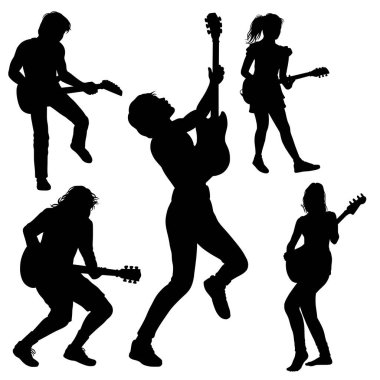 Erkek ve kadın gitarist. Gitarist hareketi siluet oluşturur
