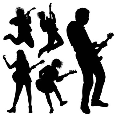 Erkek ve kadın gitarist. Gitarist hareketi siluet oluşturur