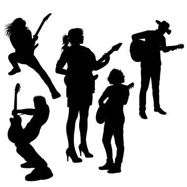 Erkek ve kadın gitarist. Gitarist hareketi siluet oluşturur