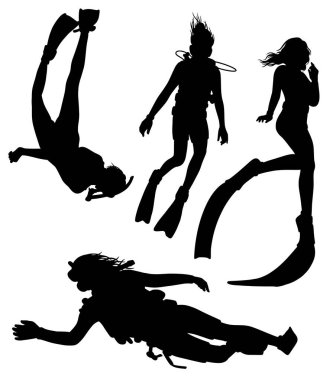 Erkek ve dişi dalış ve dalış sporu silueti