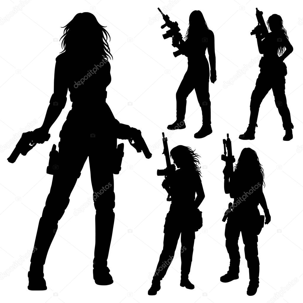 Male and female soldier, army military with gun weapon pose action silhouette