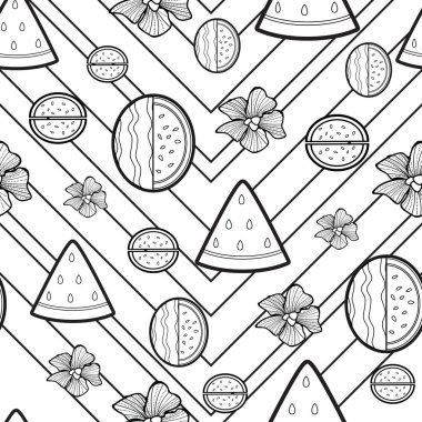 Meyve Çizgisi Sanat Karpuzu. Kırmızı karpuzdan esinlenerek çizilmiş, pürüzsüz bir yüzey dizaynı. Sevimli ve sevimli bir karpuz desenli dizayn yaz için mükemmel. Boyama kitabı için mükemmel, Page. Eğlenceli bir aktivite.