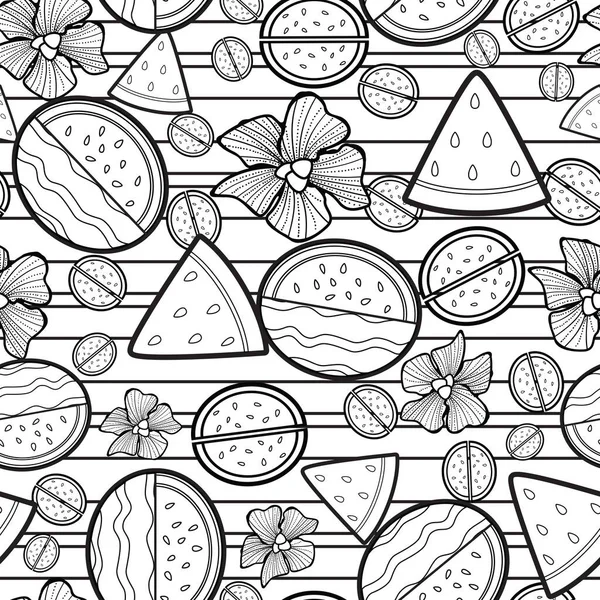 瓜果系列艺术西瓜 一个美丽的线条艺术无缝表面图案的设计灵感来自红色西瓜 一个可爱可爱可爱的西瓜图案设计完美的夏天 完美的着色书籍 有趣的活动 — 图库照片