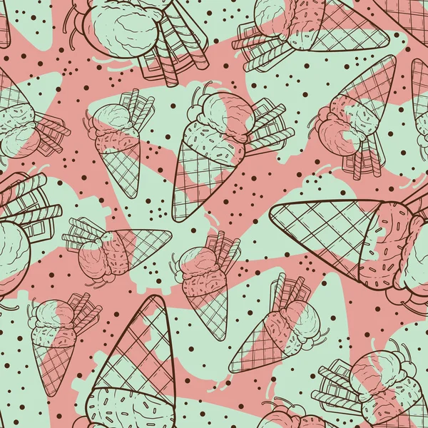 一个漂亮无缝的冰淇淋表面图案设计 两勺冷 甜点的线条艺术图解 — 图库照片