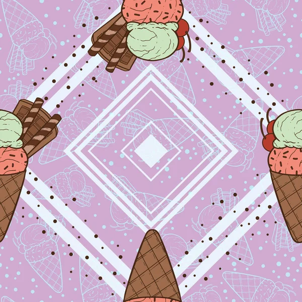 アイスクリームの美しいシームレスな表面パターンデザイン デザートの2つのスクープのラインアートイラスト — ストック写真