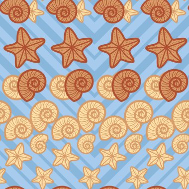 Deniz kabukları ve deniz yıldızlarının sevimli ve sevimli çizgileri. Plaj temasında kusursuz, eğlenceli bir desen tasarımı. Yaz için mükemmel..