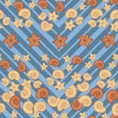 Deniz kabukları ve deniz yıldızlarının sevimli ve sevimli çizgileri. Plaj temasında kusursuz, eğlenceli bir desen tasarımı. Yaz için mükemmel..